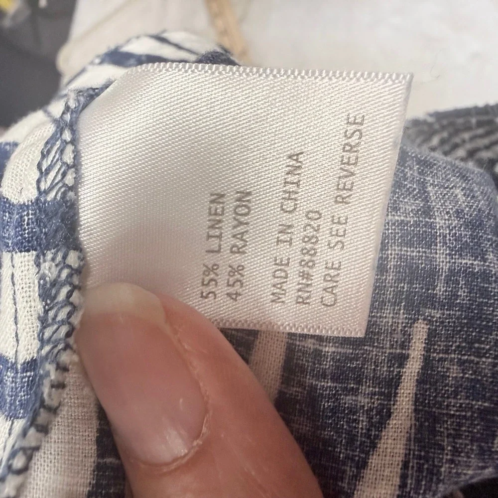 Kuana Jack Navy White Tropical Palm Leaf‎ Linen Blend Jogger Pants Small